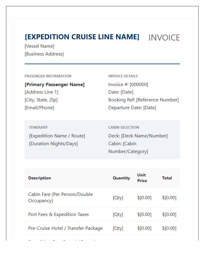 Expedition Cruise Cabin Reservation Invoice Template