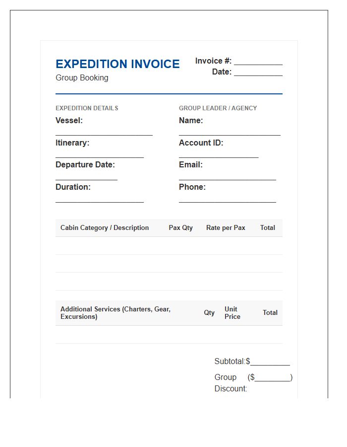 Expedition Cruise Group Booking Invoice Template