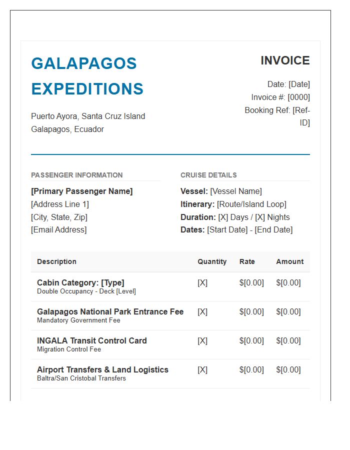 Galapagos Islands Cruise Booking Invoice Template