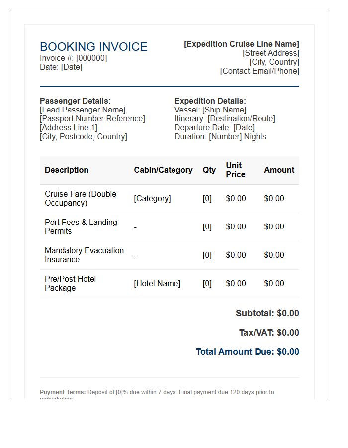 International Expedition Cruise Booking Invoice Template