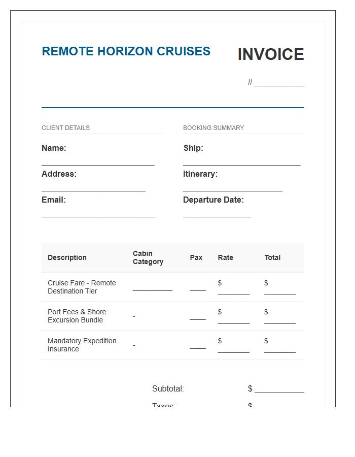 Remote Destination Cruise Booking Invoice Template