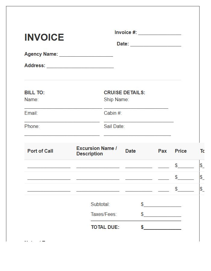 Shore Excursion Package Booking Invoice Template