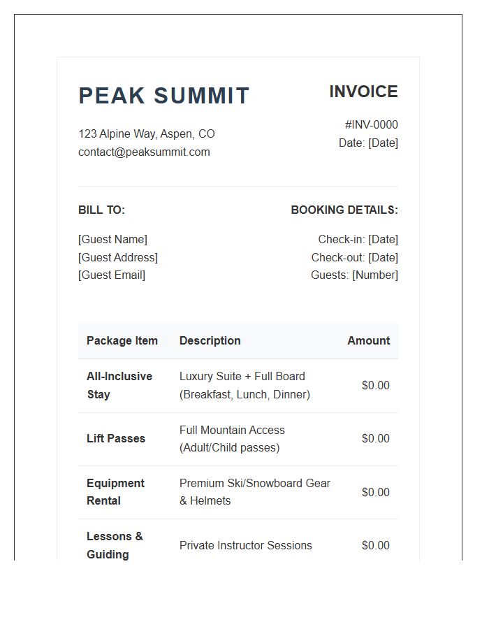 All Inclusive Ski Resort Package Invoice Template