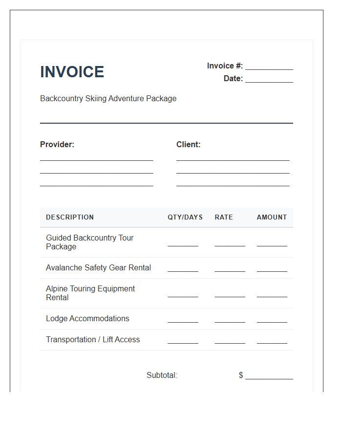 Backcountry Skiing Adventure Package Invoice Template