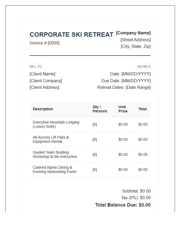 Corporate Ski Retreat Package Invoice Template
