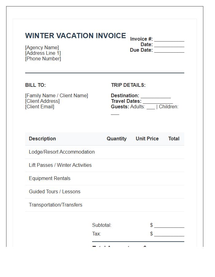 Family Winter Vacation Package Invoice Template