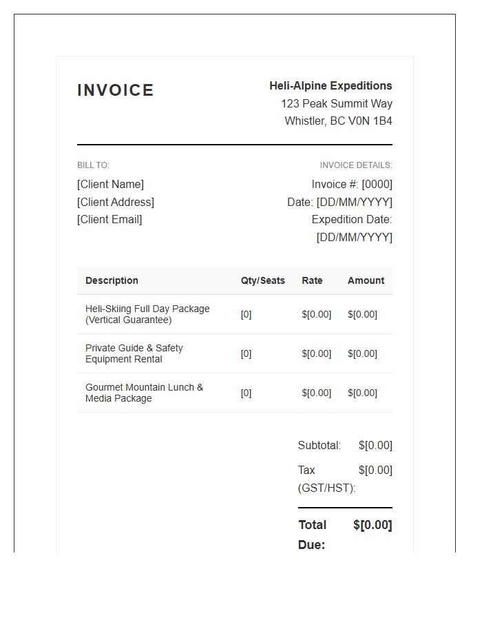 Heli Skiing Experience Package Invoice Template