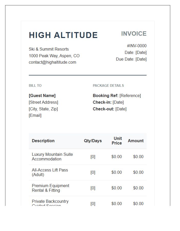 High Altitude Ski Package Invoice Template