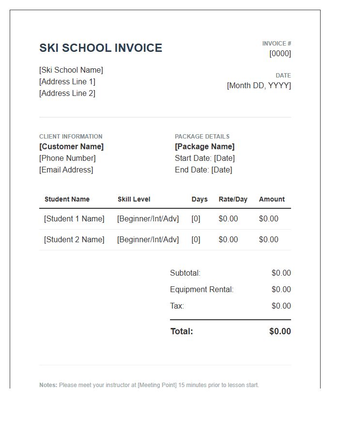 Multi Day Ski School Package Invoice Template