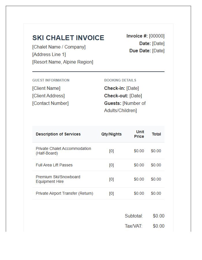 Private Chalet Ski Package Invoice Template