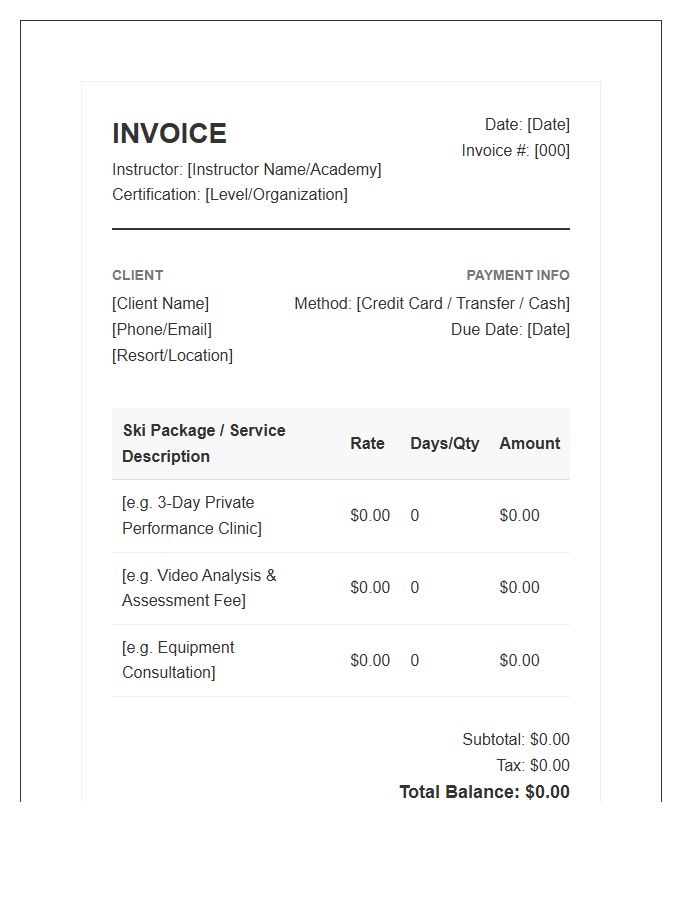 Professional Ski Instructor Package Invoice Template
