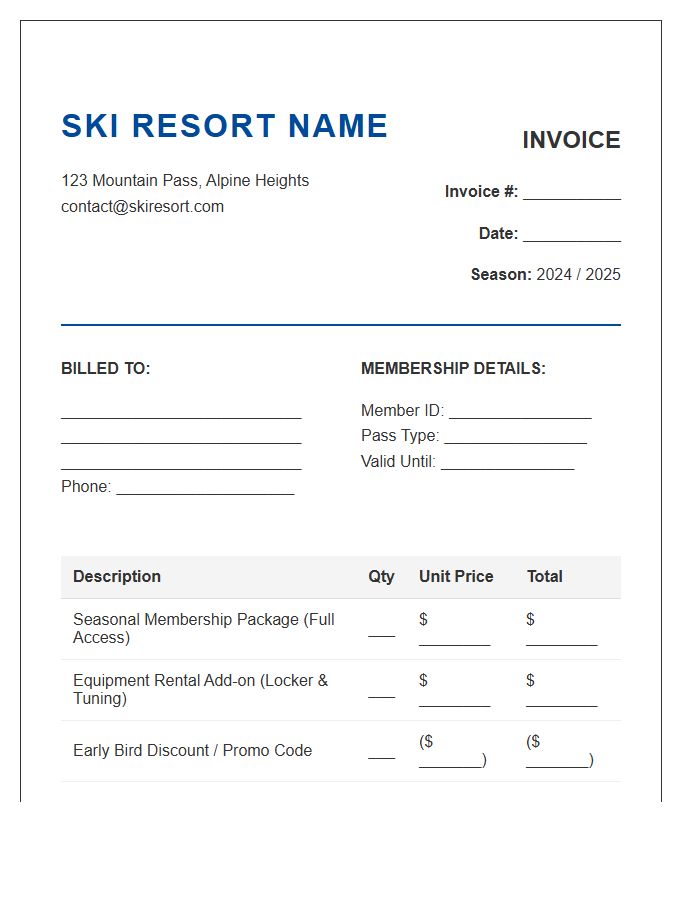 Seasonal Ski Membership Package Invoice Template