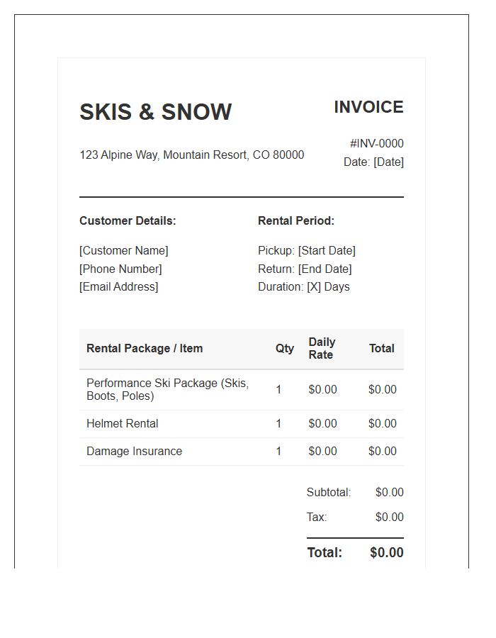 Ski Equipment Rental Package Invoice Template