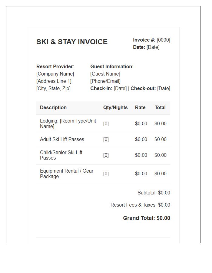 Ski Pass And Lodging Package Invoice Template
