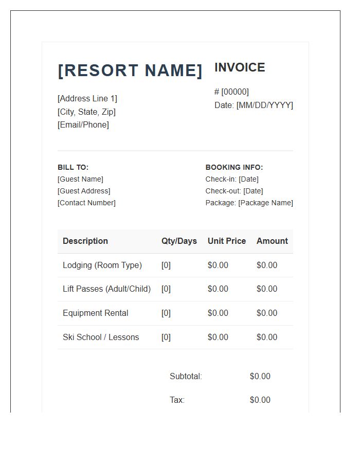 Ski Resort Package Invoice Template