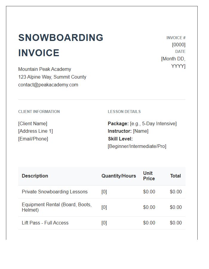 Snowboarding Lesson Package Invoice Template