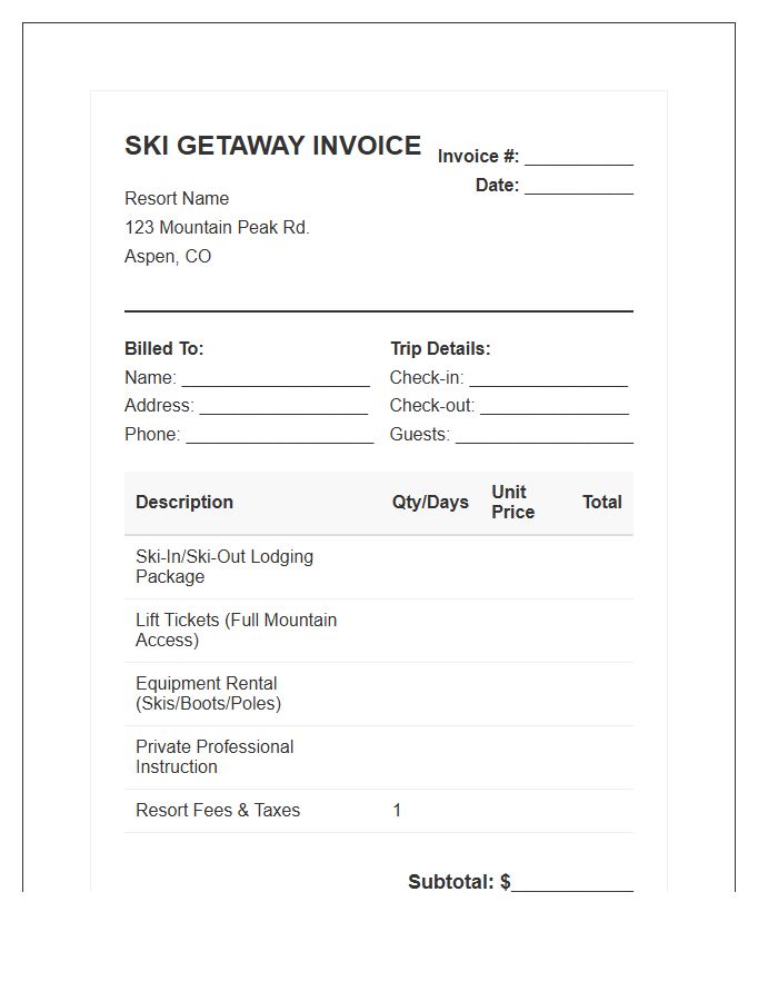 Weekend Ski Getaway Package Invoice Template