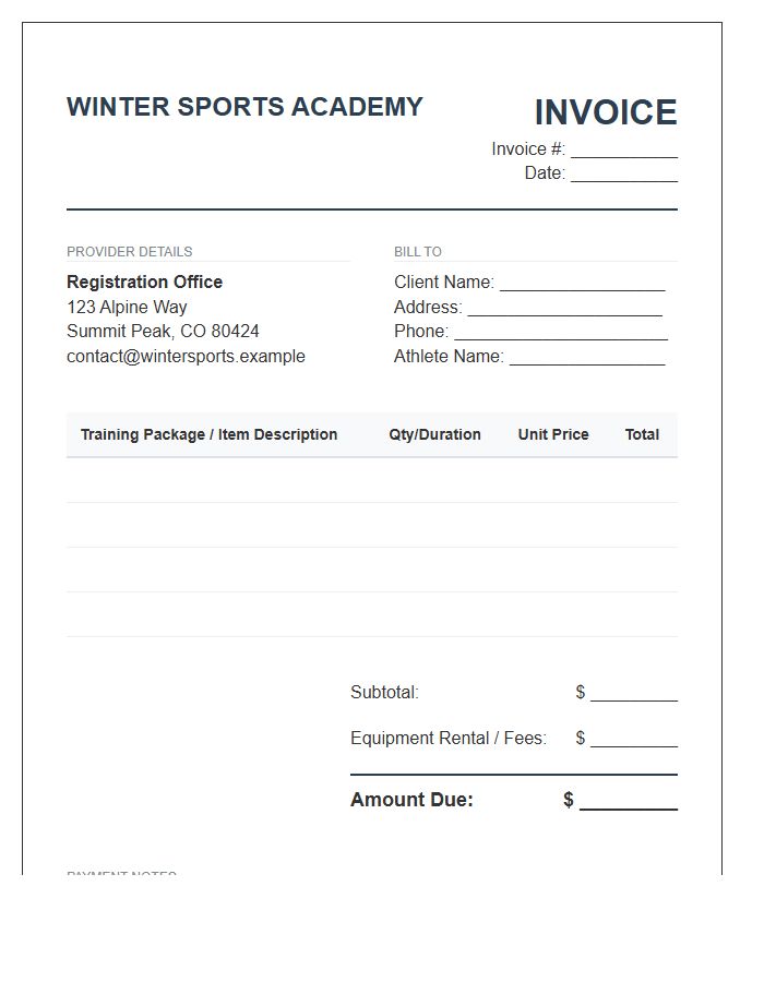 Winter Sports Training Package Invoice Template