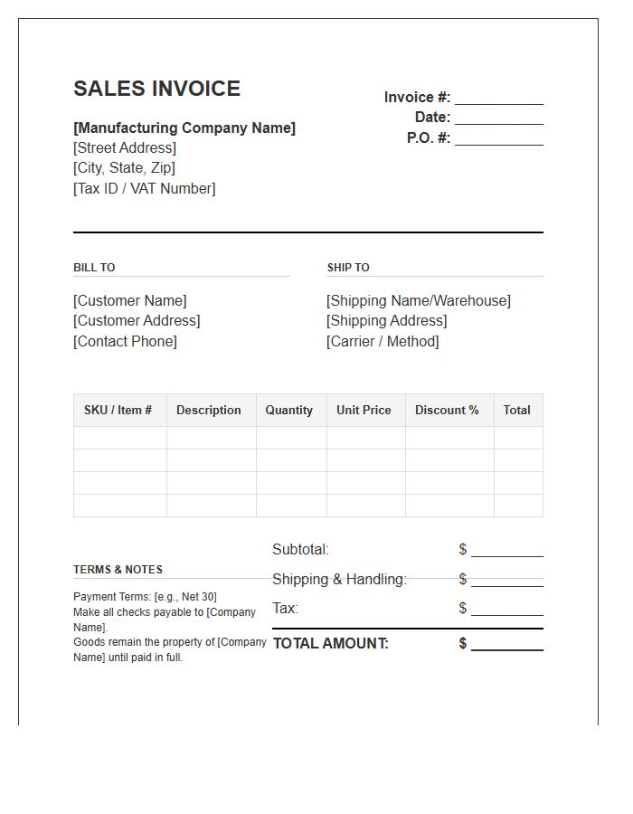 Manufacturing Wholesale Sales Invoice Template