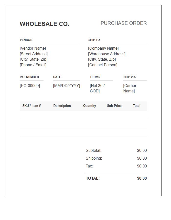 Wholesale Purchase Order Invoice Template