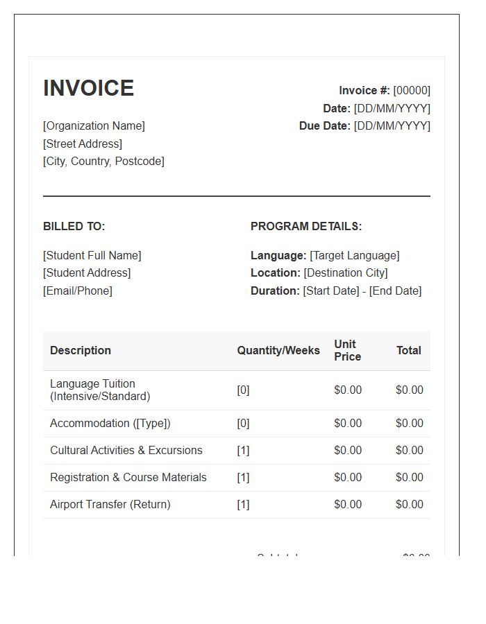 Adult Language Learning Vacation Invoice Template