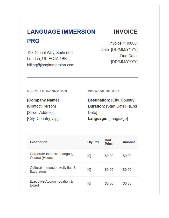 Corporate Language Immersion Travel Invoice Template