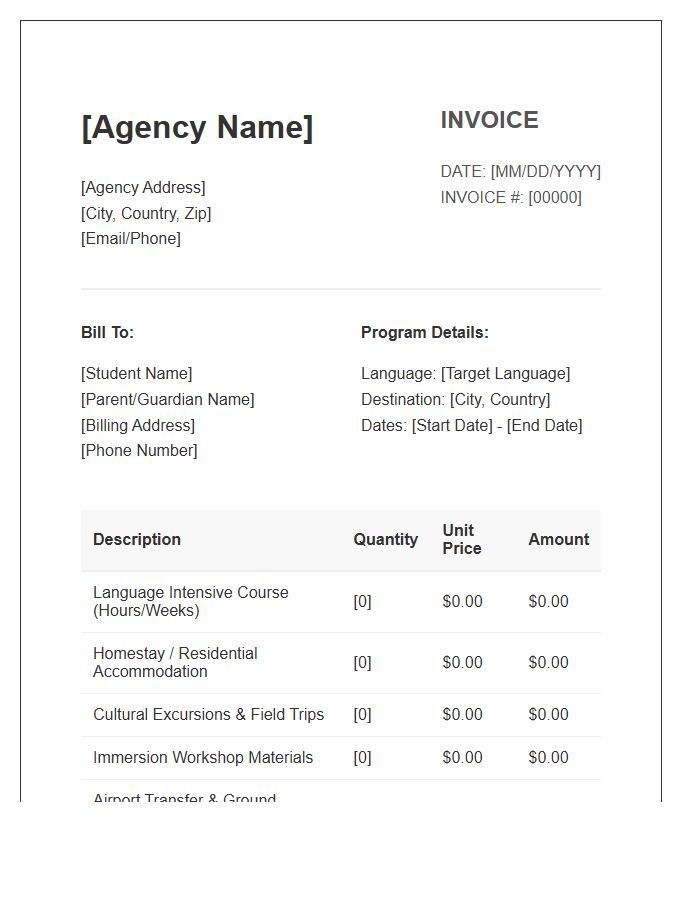 Educational Language Immersion Travel Invoice Template