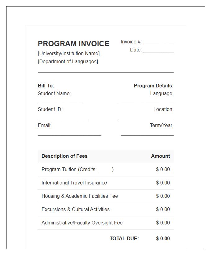 Faculty Led Language Program Invoice Template
