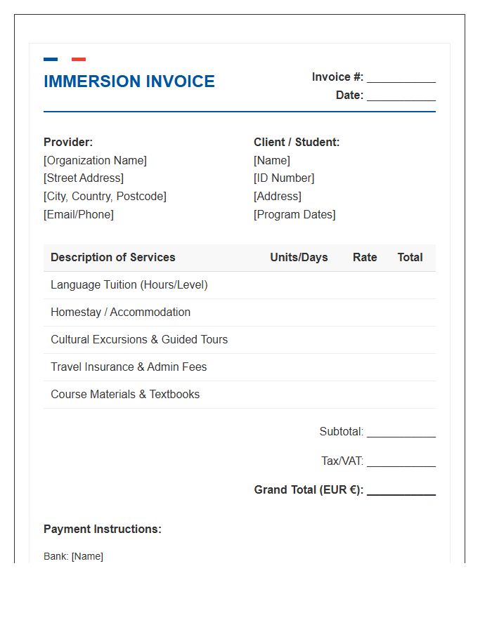 French Language Immersion Travel Invoice Template