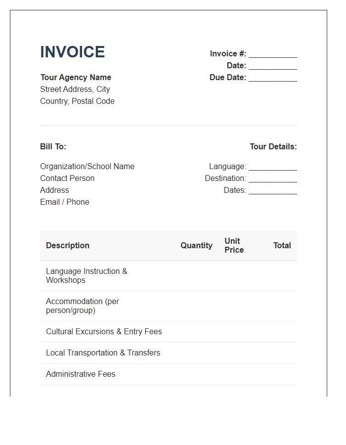 Group Language Immersion Tour Invoice Template