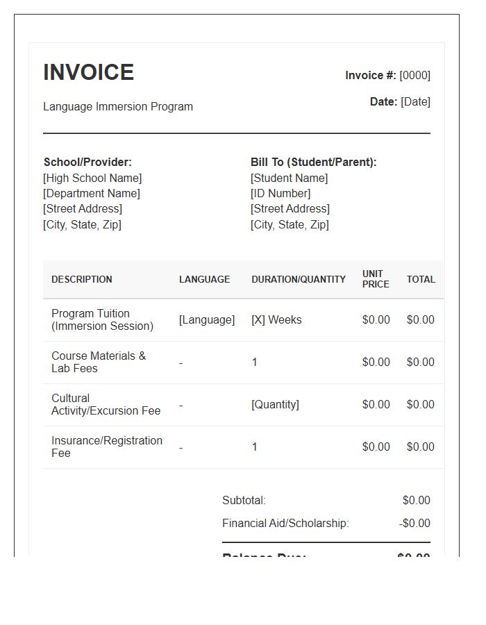 High School Language Immersion Invoice Template