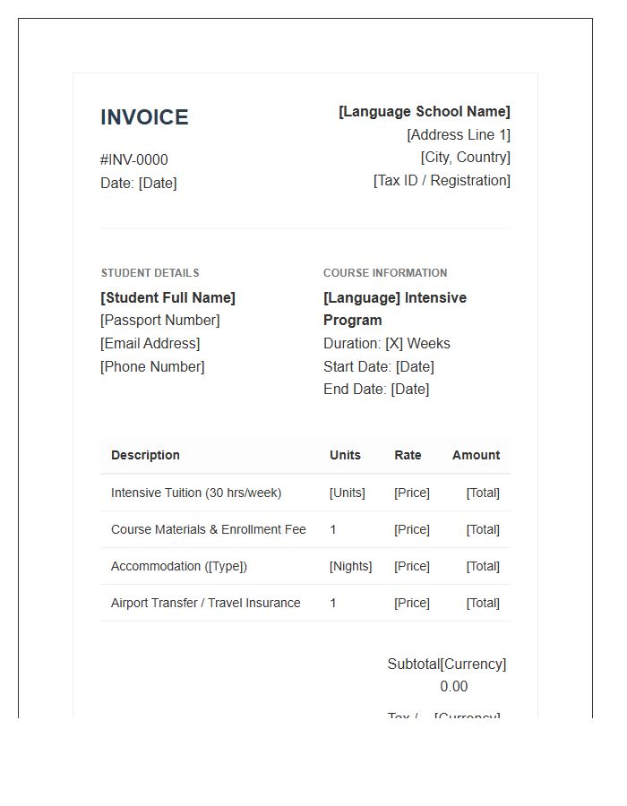 Intensive Language Course Travel Invoice Template