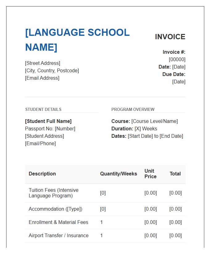 Language School Study Abroad Invoice Template