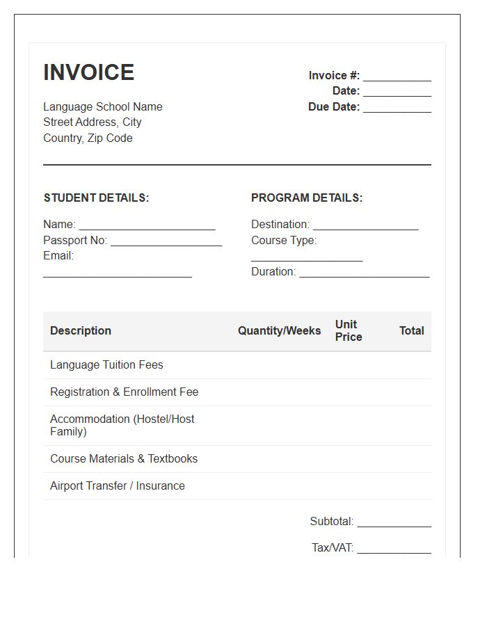 Overseas Language Learning Trip Invoice Template