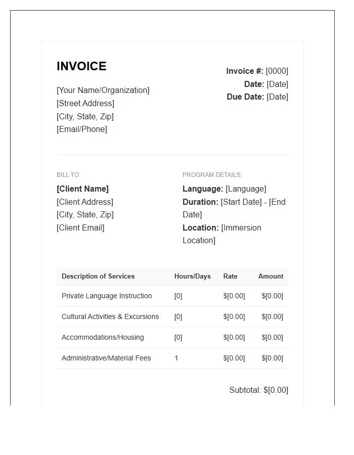 Private Language Immersion Experience Invoice Template