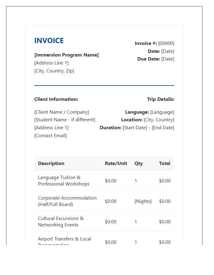 Professional Language Immersion Trip Invoice Template