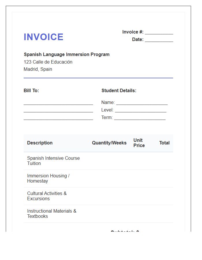 Spanish Language Immersion Program Invoice Template
