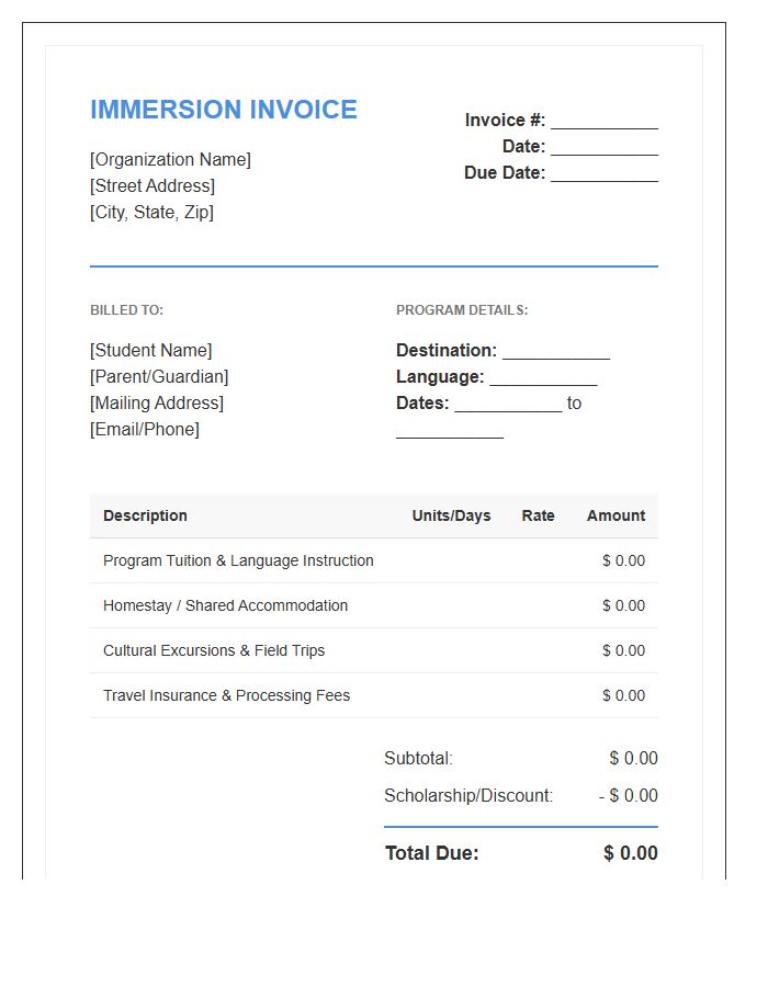 Student Language Immersion Travel Invoice Template