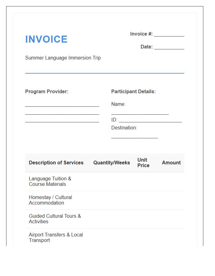 Summer Language Immersion Trip Invoice Template
