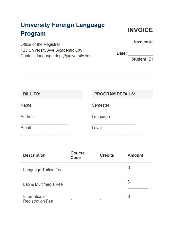 University Foreign Language Program Invoice Template