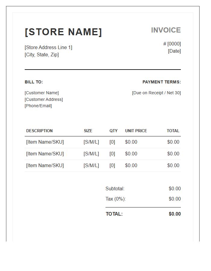 Clothing Store Invoice Template