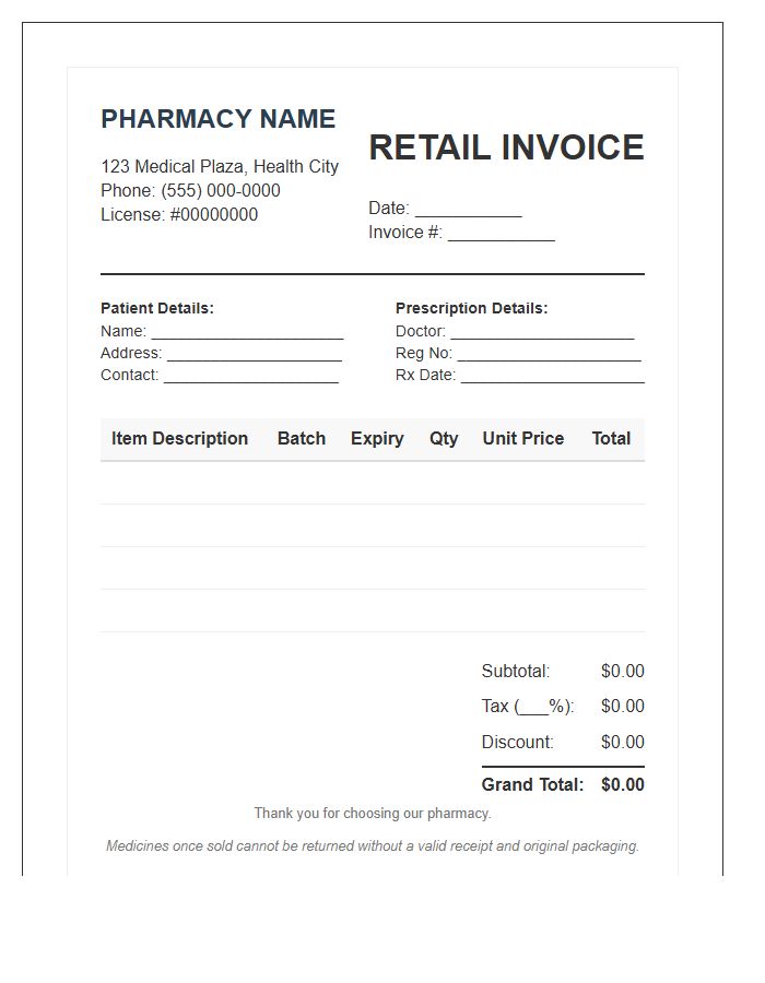 Pharmacy Retail Invoice Template