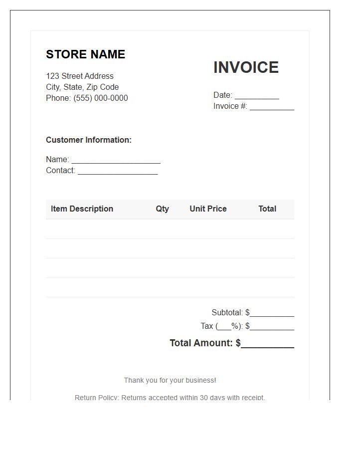 Retail Store Sales Invoice Template