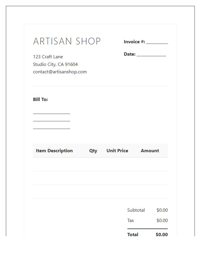 Artisan Shop Sales Invoice Template