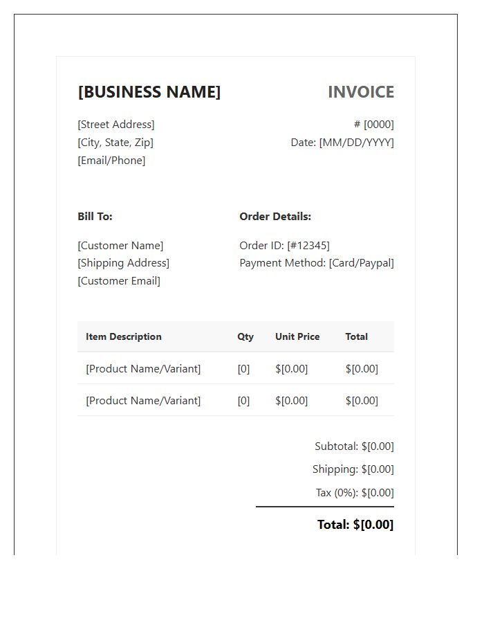 Ecommerce Sales Invoice Template For Small Business