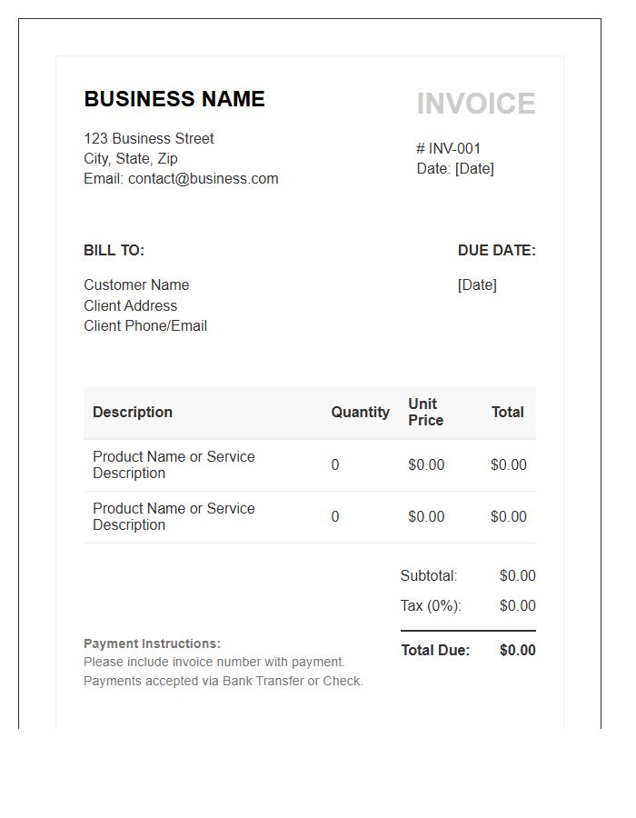 Product Sales Invoice Template For Small Business