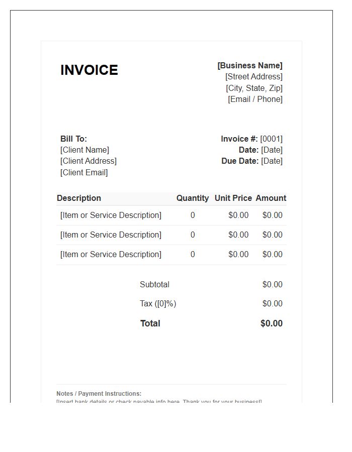 Standard Small Business Sales Invoice Template