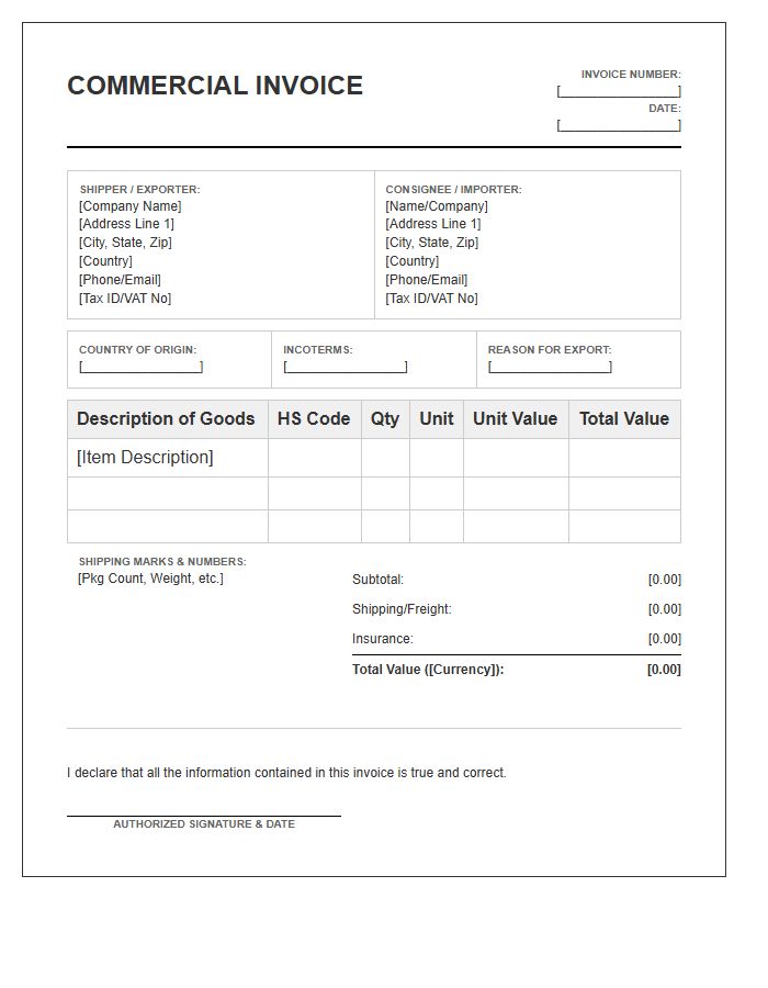 Commercial Invoice Template For Customs Clearance