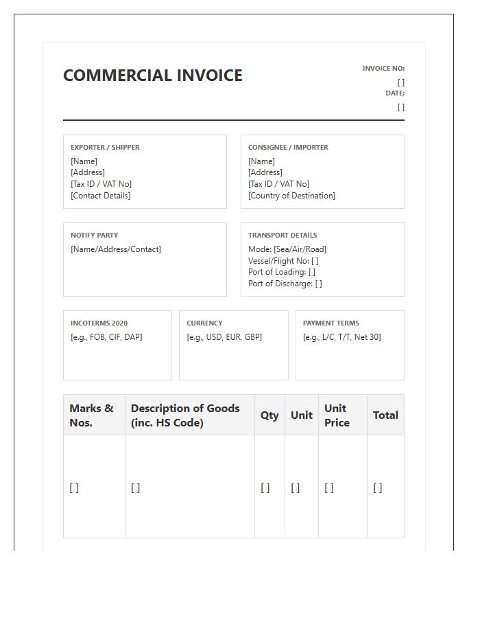 Comprehensive Export Trade Invoice Template