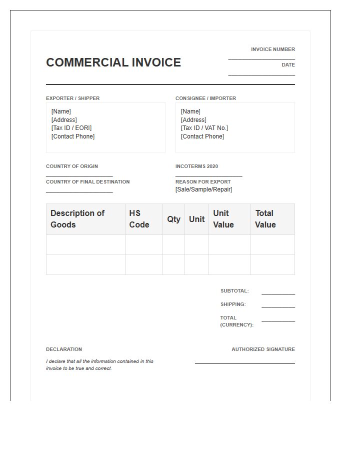 Cross Border Trade Commercial Invoice Template